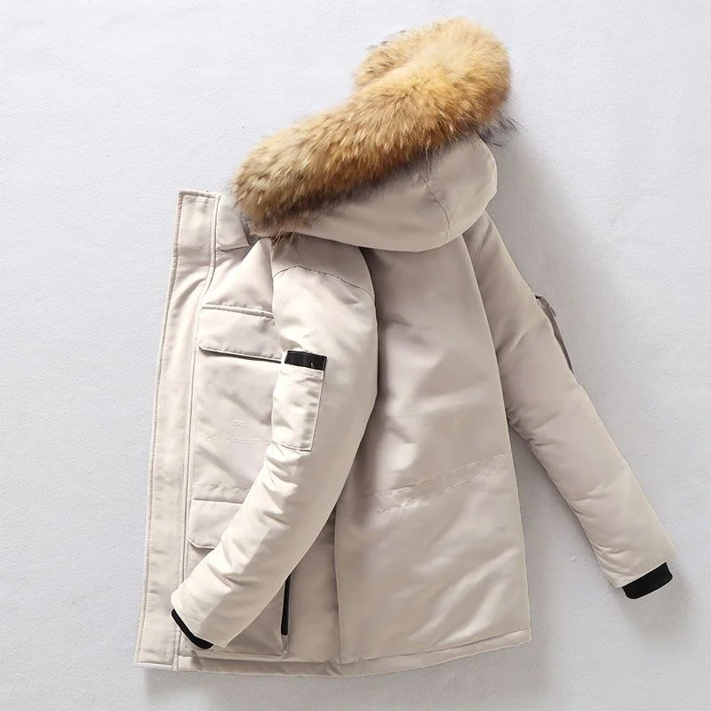 New Down Jacket Men's Winter Minimalist Solid Color Fur Collar Hooded Warm Parka Casual Comfortable White Duck Down Coat Male