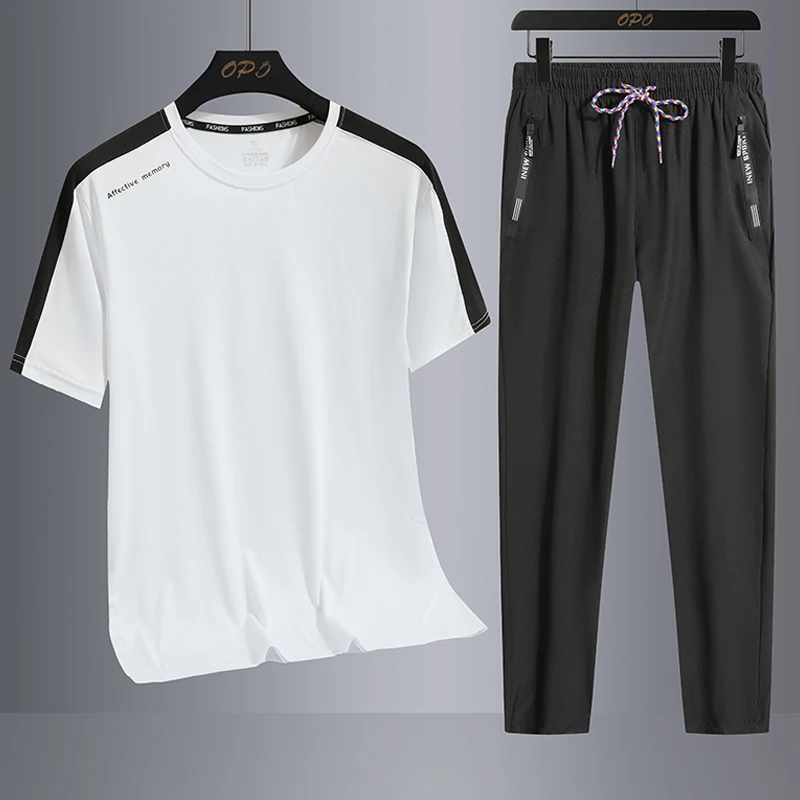 

2023 Summer Male Black White Tracksuits For Men's Set Sleeves T-Shirt + Long pants Sportswear Sporting Men Suit Oversize 5XL