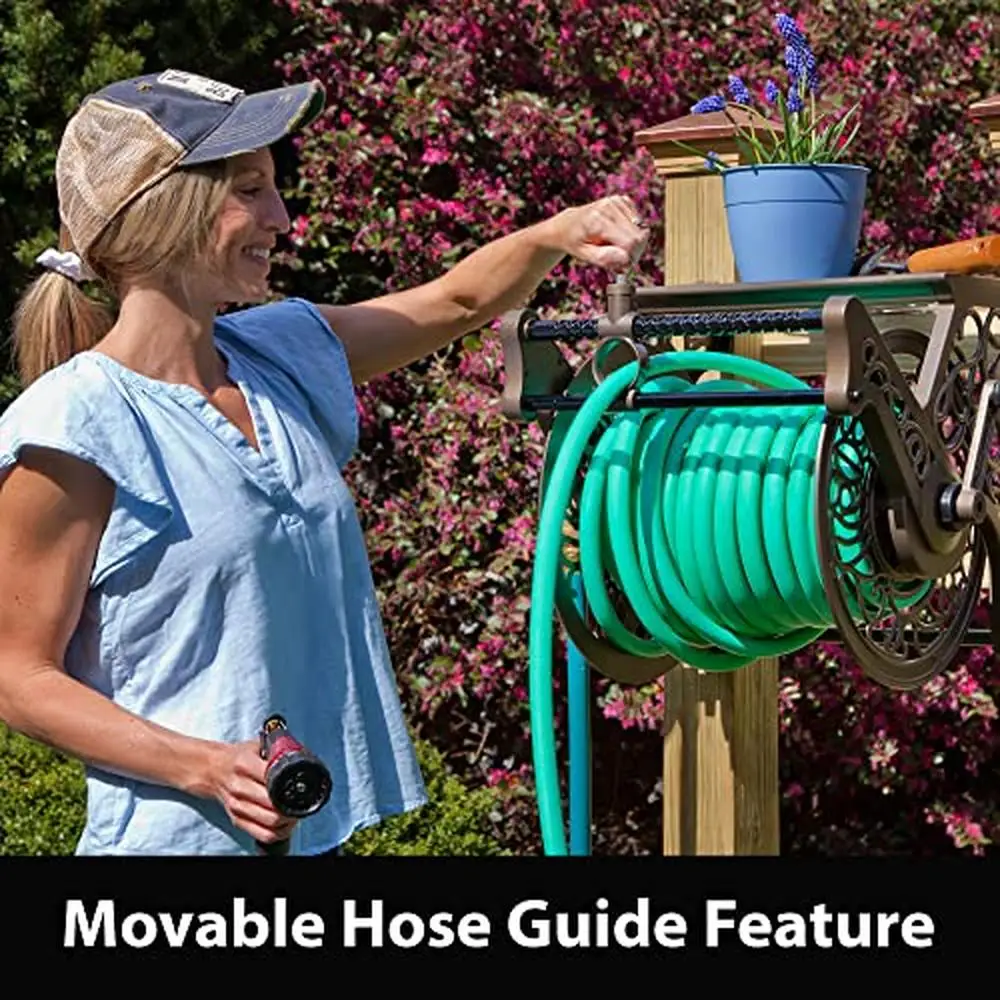 Decorative Aluminum Hose Reel Wall Mount 125ft Capacity Garden Tool Organizer Shelf Leader Hose