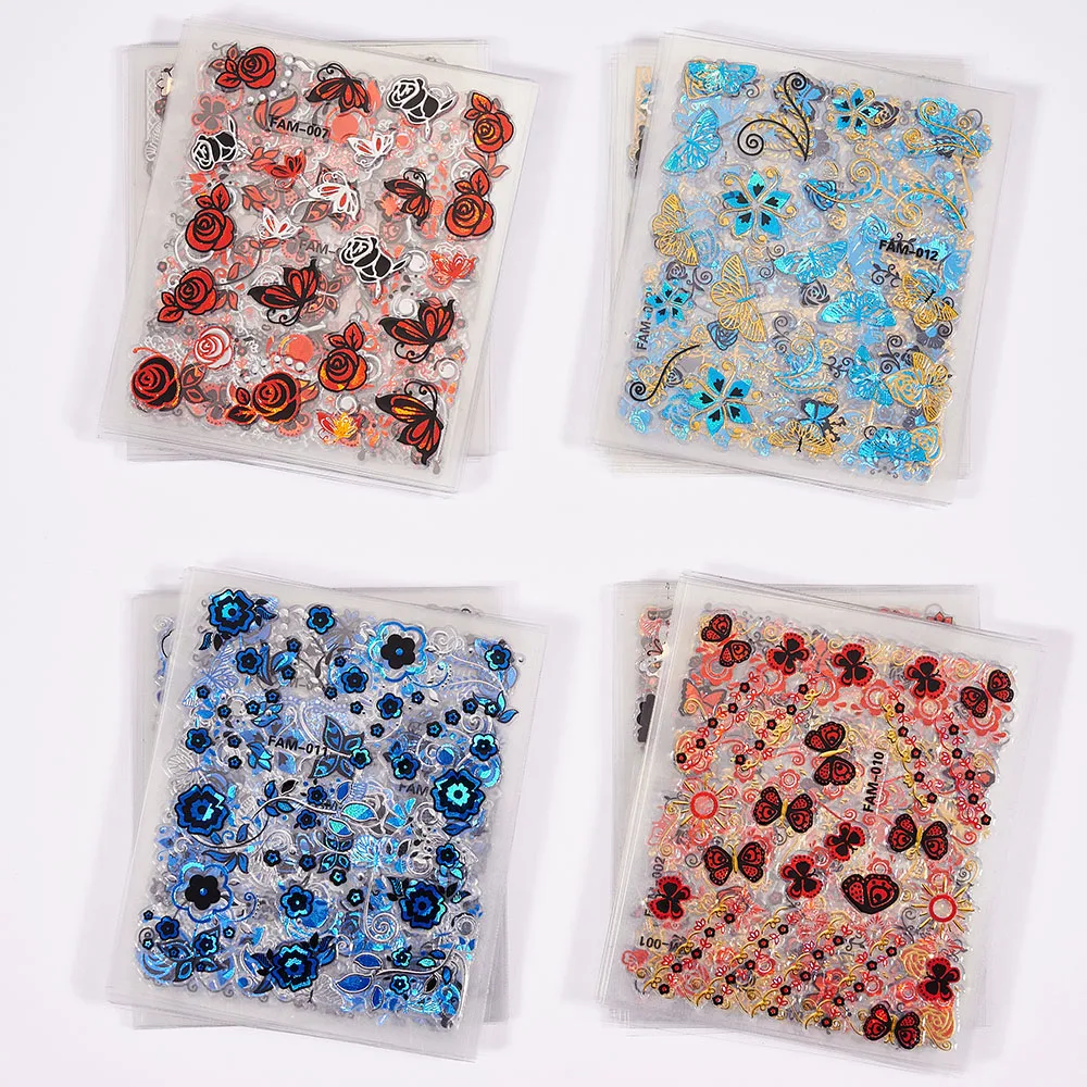 

30pcs Holographic Bronzing 3D Butterfly Nail Art Stickers Red/Blue Flowers Adhesive Sliders DIY Floral Nail Wraps Decals