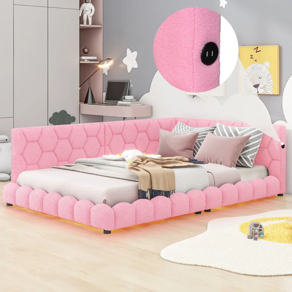 Upholstered Full Size Platform Bed with USB Ports and LED Belt,Pink Bed for Girls From 6To12 Years Princesses Bunk Beds for Kids 2