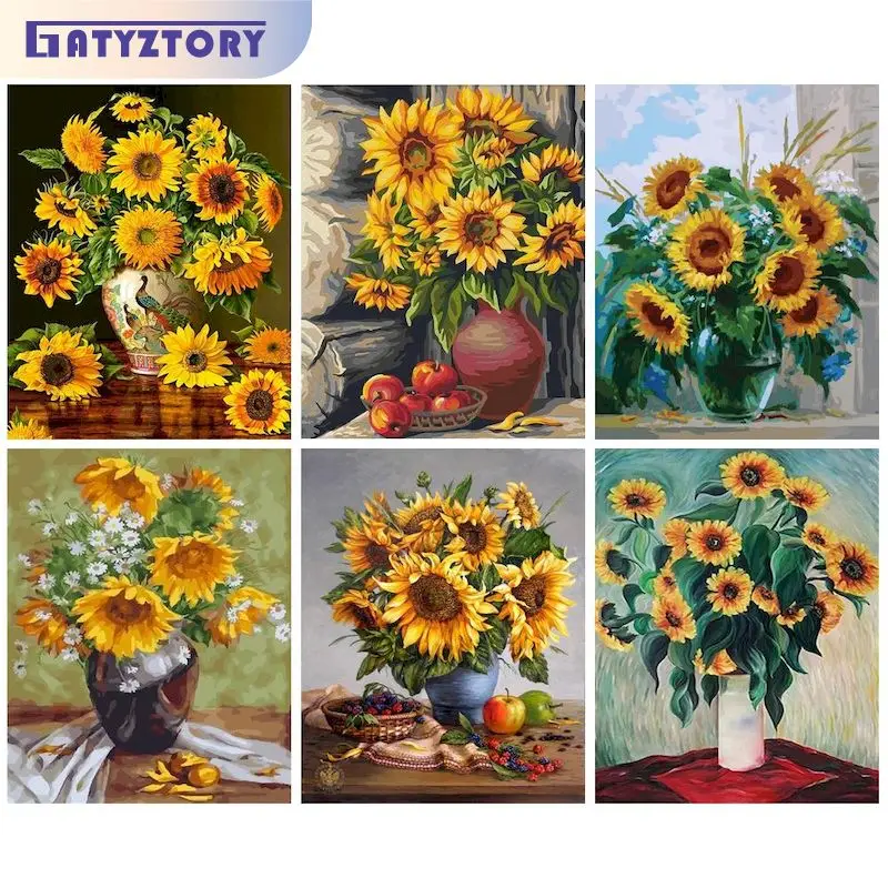 GATYZTORY Frame Acrylic Paint By Numbers For Adults Drawing By Numbers Sunflowers Handiwork Wall Decor Gift On Canvas Diy Crafts