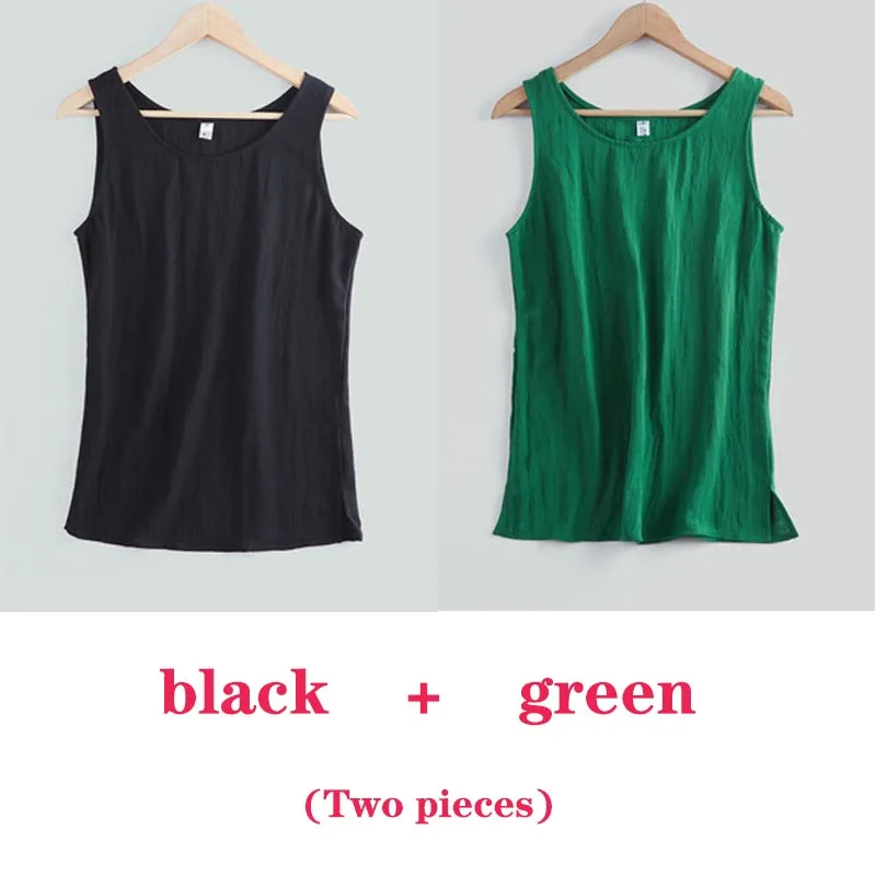 Women Tanks Camis Cotton and Linen Women's Shirt Summer Top O Neck Green Solid Color Loose Sleeveless Blouse Tops Women 2022 green cami Tanks & Camis