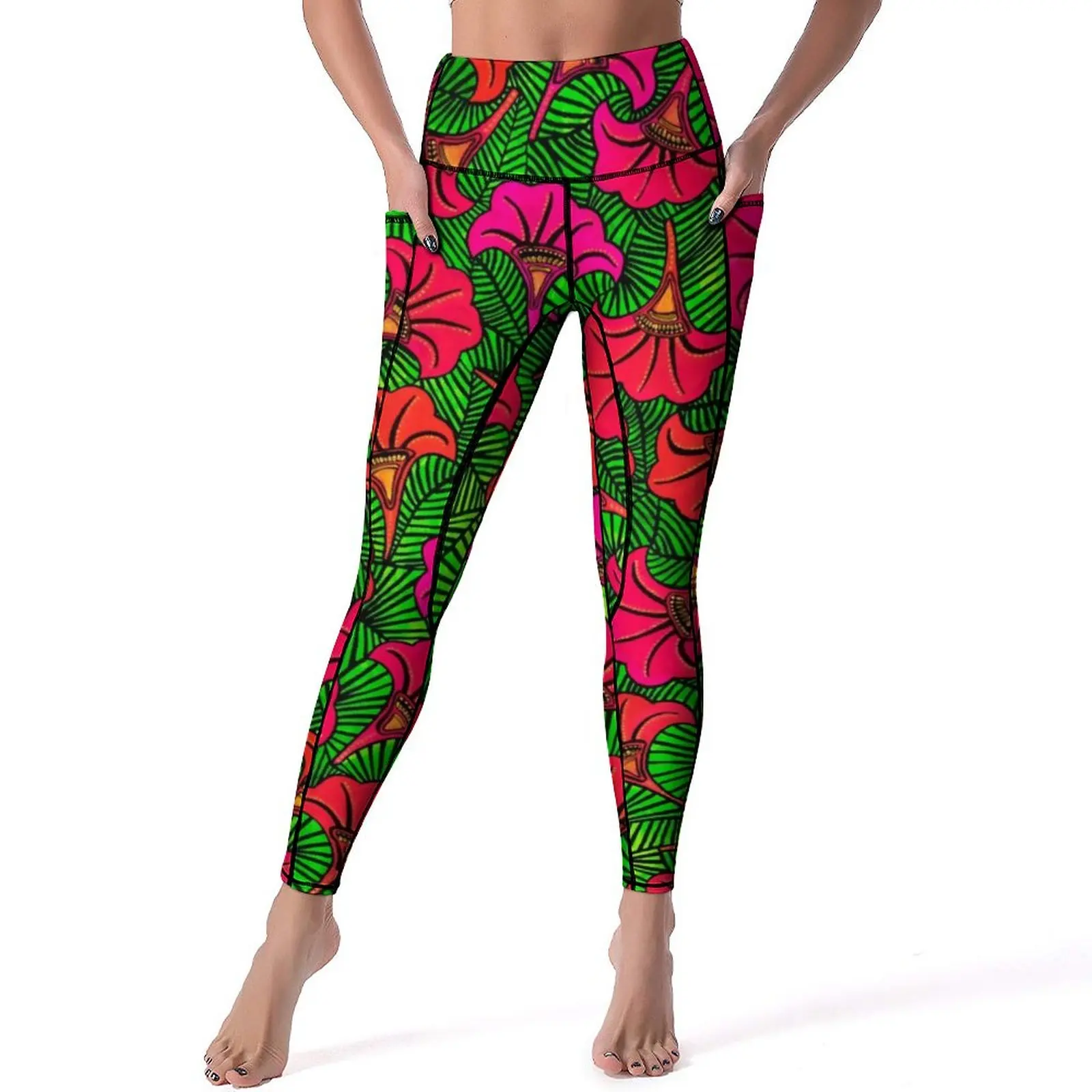 

Red Flower Print Leggings Sexy Petunia Capulana Workout Yoga Pants High Waist Elastic Sports Tights Pockets Retro Custom Leggins