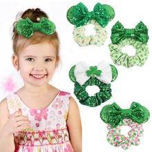 

St. Patrick's Day Green Baby Hair Band For Girl Shamrock Large Bowknot Intestine Hair Tie Festive Hair Accessories Kids Headwear