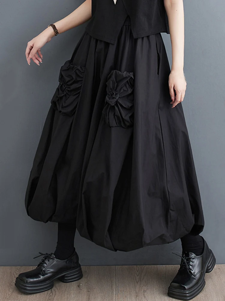 Black Vintage High Waist Pleated Skirt Women Fashion Pocket Loose Casual Bilayer Long Skirts Clothes New Spring Summer 2025