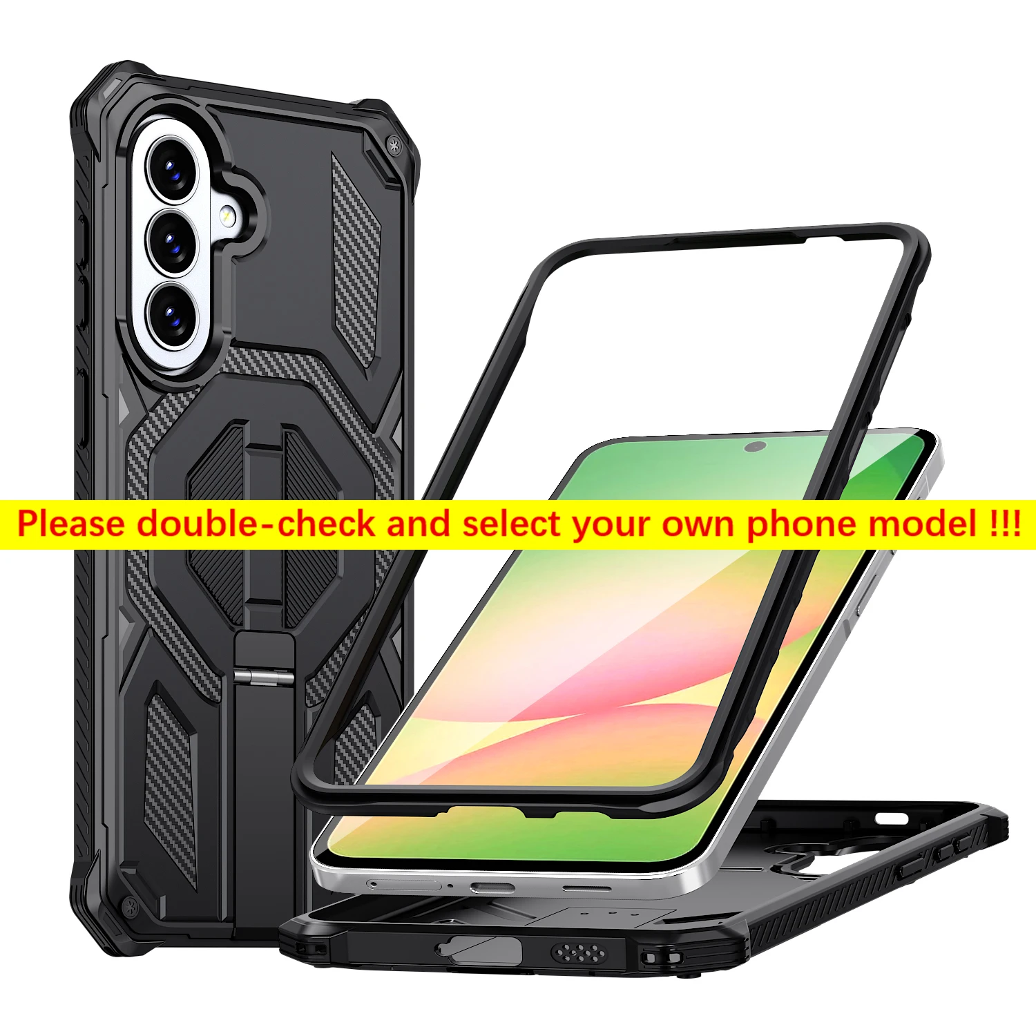 Rugged Armor Phone Case with Magnetic Stand and Rotating Cover