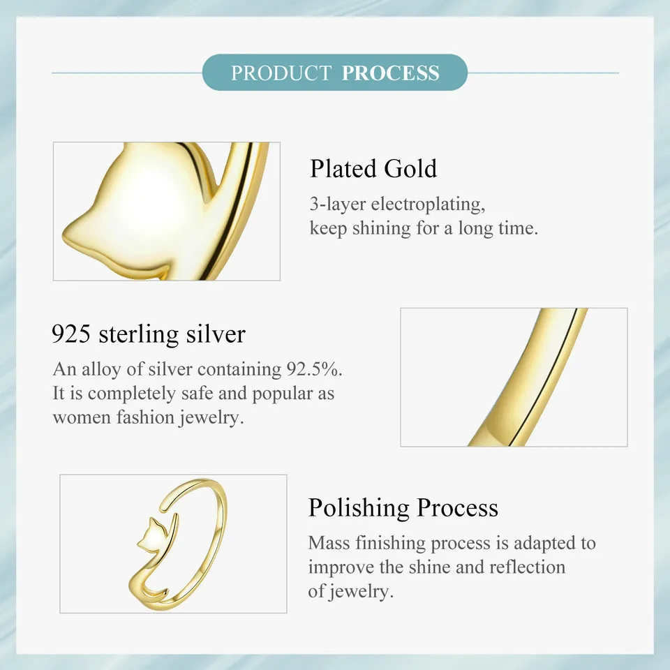 Sterling Silver Cute Cat Open Ring  3 Colors Adjustable Plated Platinum - PeticaDeals