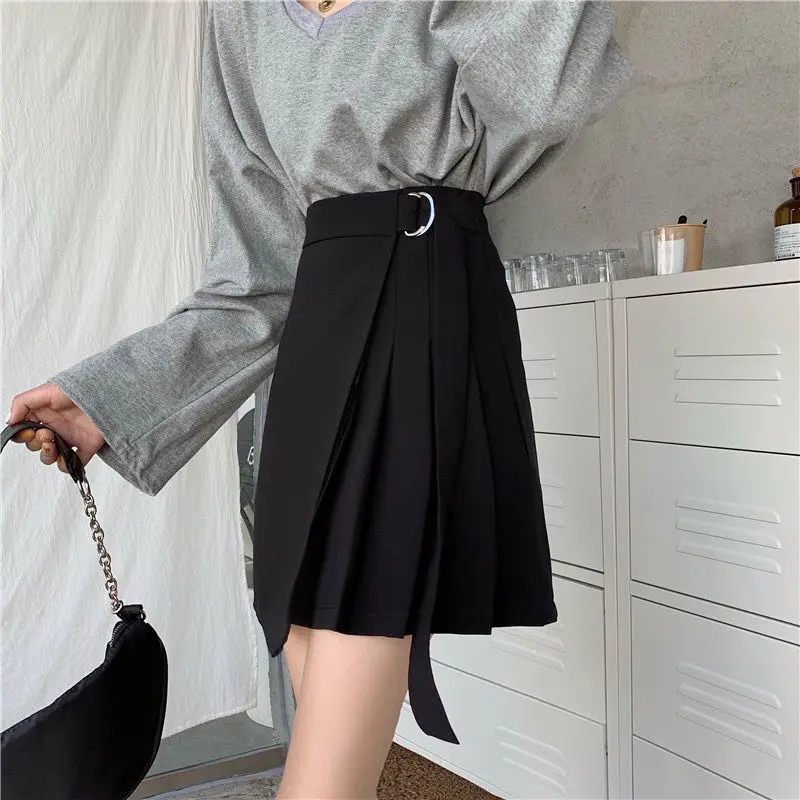 HOUZHOU Black Pleated Skirt Women Autumn Winter 2021 New Korean Style Irregular High Waisted A-line Mini Skirts for Girls Casual