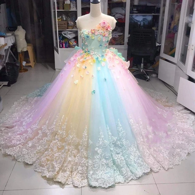 New Arrival Rainbow Tulle Party Dresses Ball Gown Handmade 3D