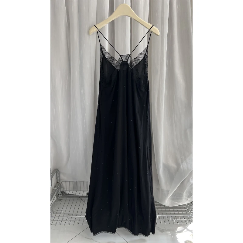 Zadig Solid Black Dress Women Casual Long Halter Dresses Ladies Elegant Slip Backless Robes Chic Lace Diamonds Jupes Female 5