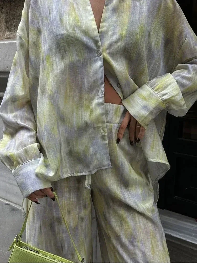 ZABA Women's Tie-Dye Printed Set Lapel Shirt Asymmetric Button Long Sleeve Shirt and Casual High-Waisted Loose Wide-Leg Trousers