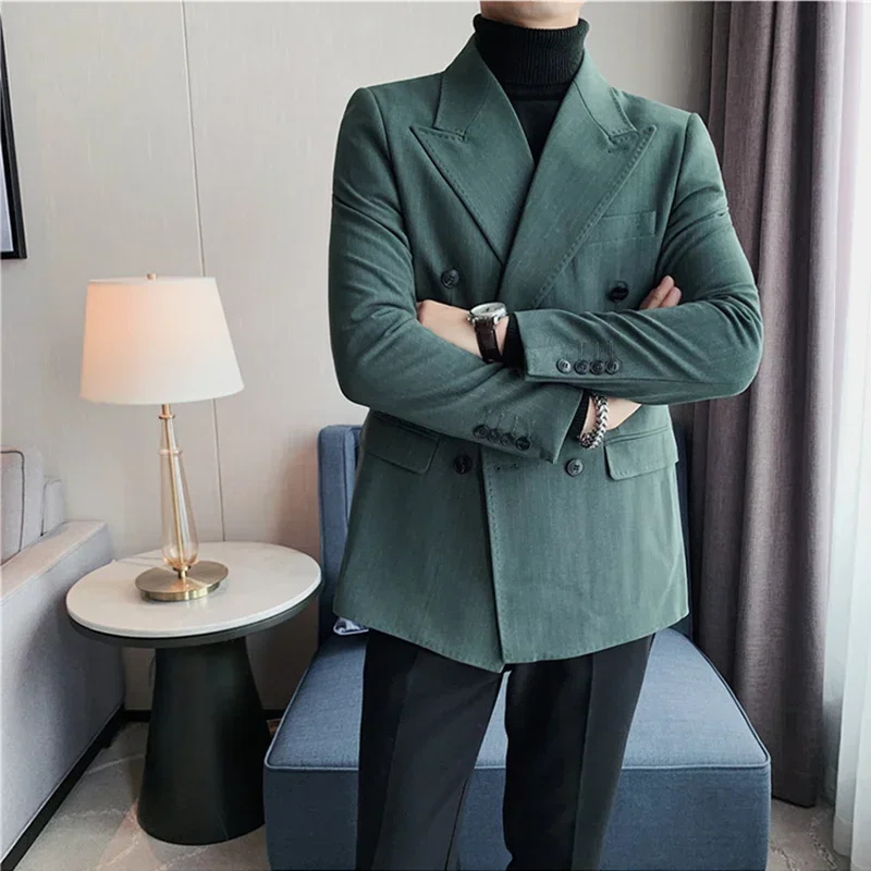 Men Suits Jackets British Style Men Stripe Slim Fit Double Breasted Blazer Jackets