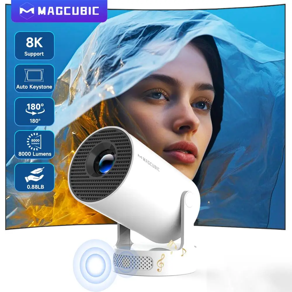 מגקוביק 8K HY300 Pro + מקרן מובנה ברמקול 5W 1280*720P אנדרואיד 14 8000 לומנס Wifi6 BT5.4 מקרן נייד לחוץ