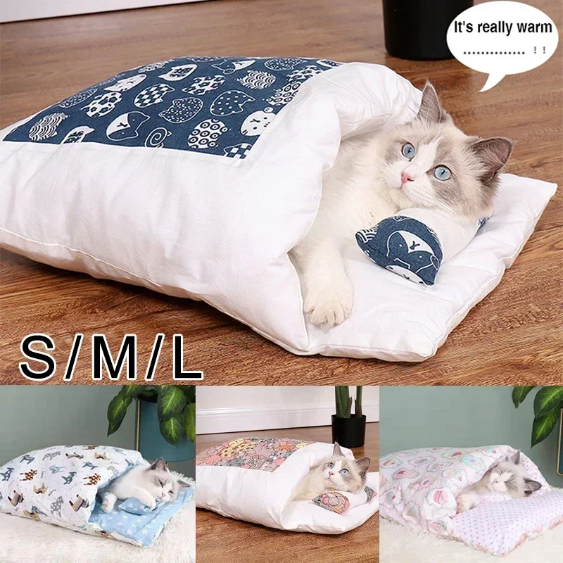 

Cat Sleeping Bag Japanese Style Style Cat Litter Semi-Closed Autumn Winter Warm Cat Dog Kennel Removable Pet Warm Cushion