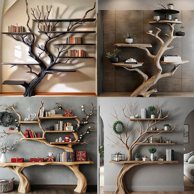 無垢材クリエイティブログ本棚アート大きな木の形の収納リビングルーム