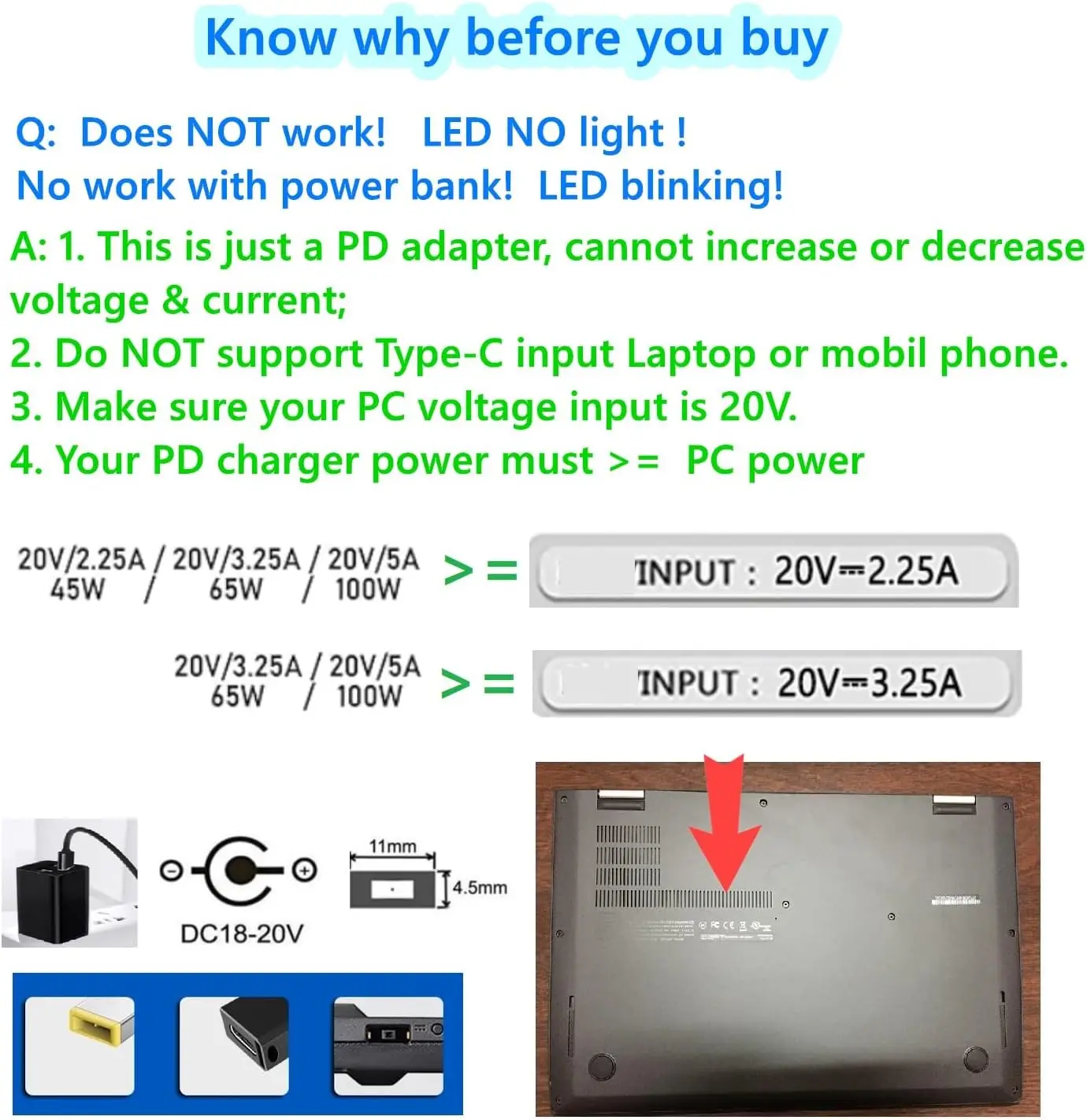 USB-C Female Input to Slim Tip Rectangle Power PD Charge Converter for Thinkpad Series E440 E450 E550 E560 T430 T440 T440S X250