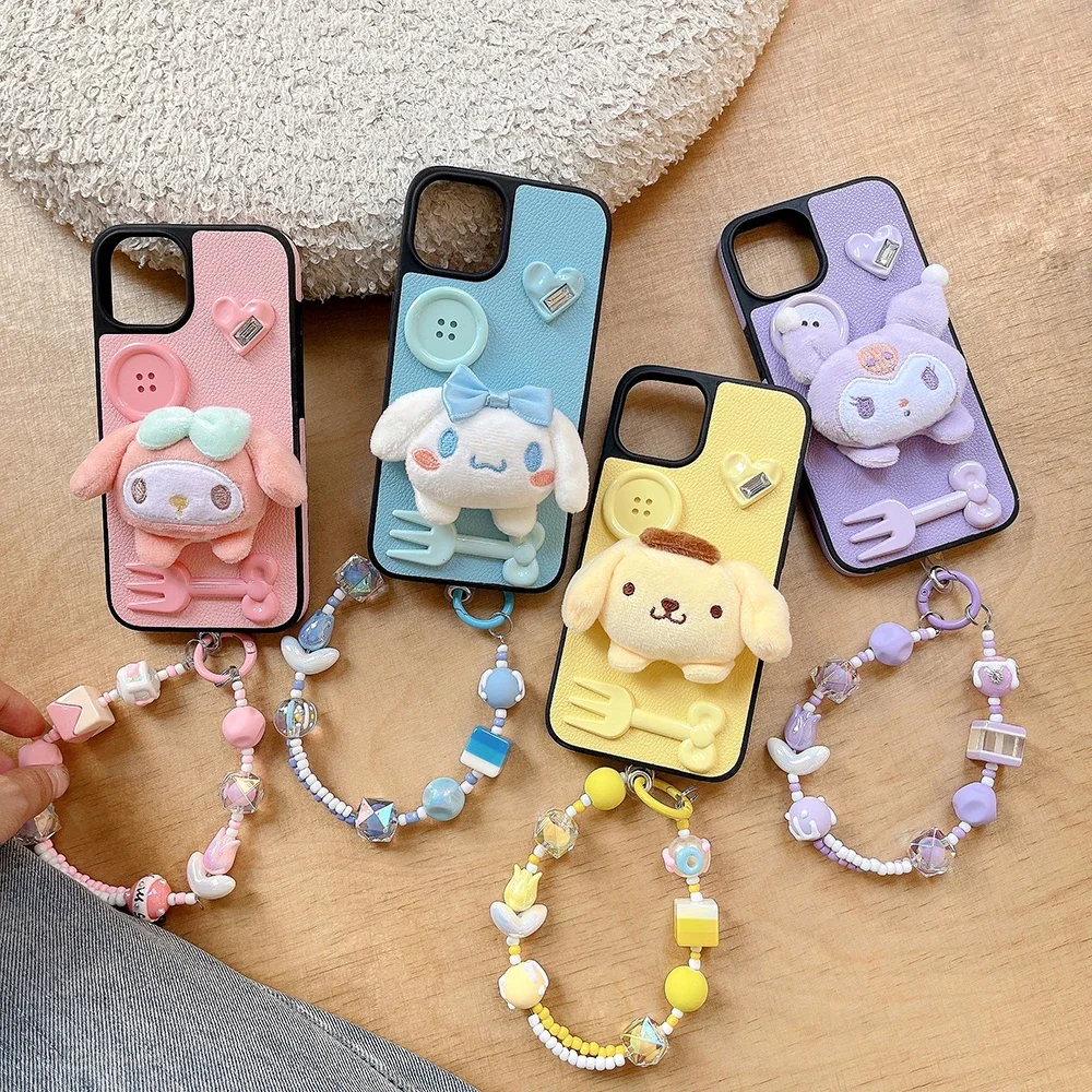 

Ins Kawaii Sanrio 3D Cinnamoroll Pompom Purin Doll with Bracelet Phone Case for IPhone 15 14 13 12 11 Pro Max Back Cover Gift