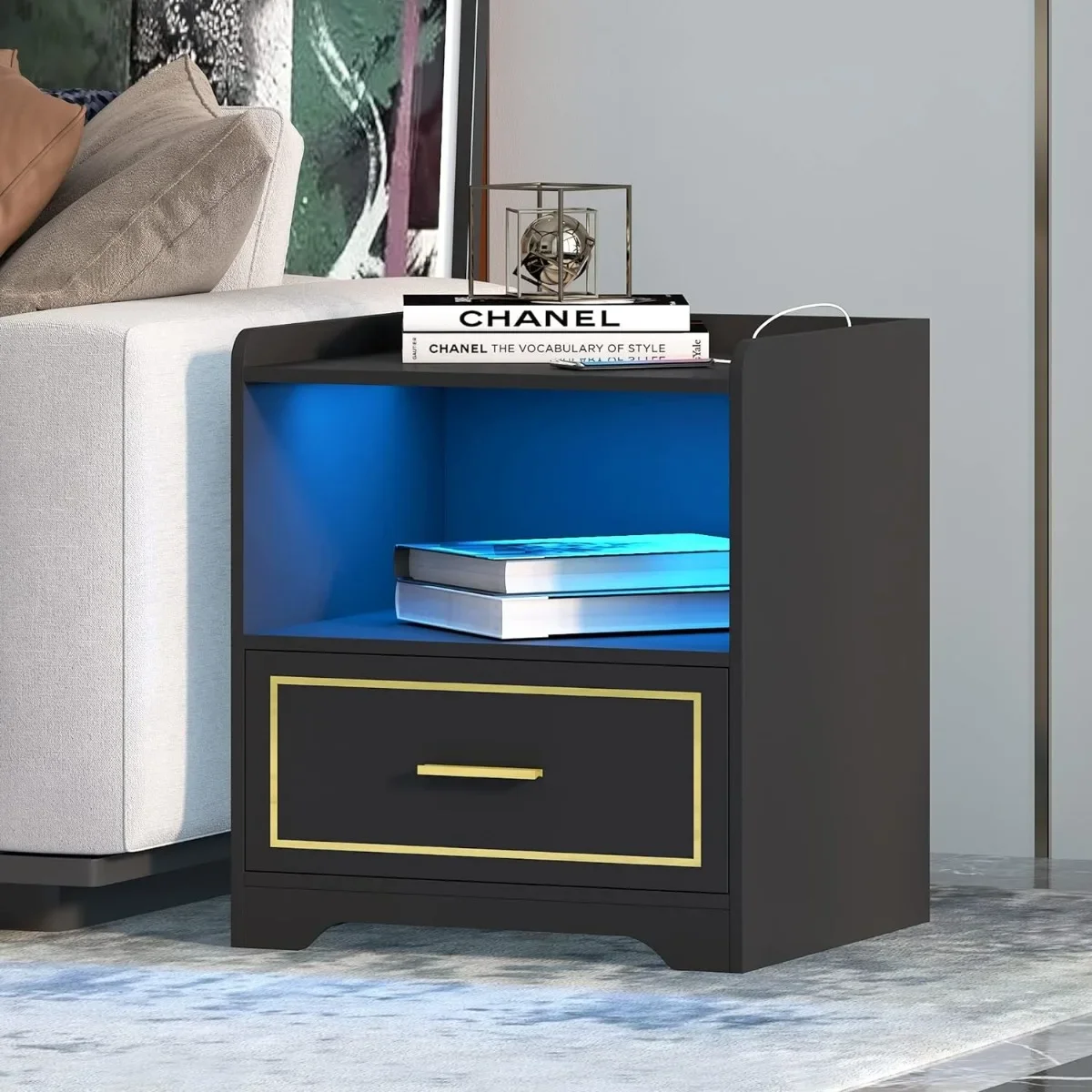 

dnbss Black nightstand with Charging Station,led nightstand Charging Station, nightstand with Drawers Table nightstands