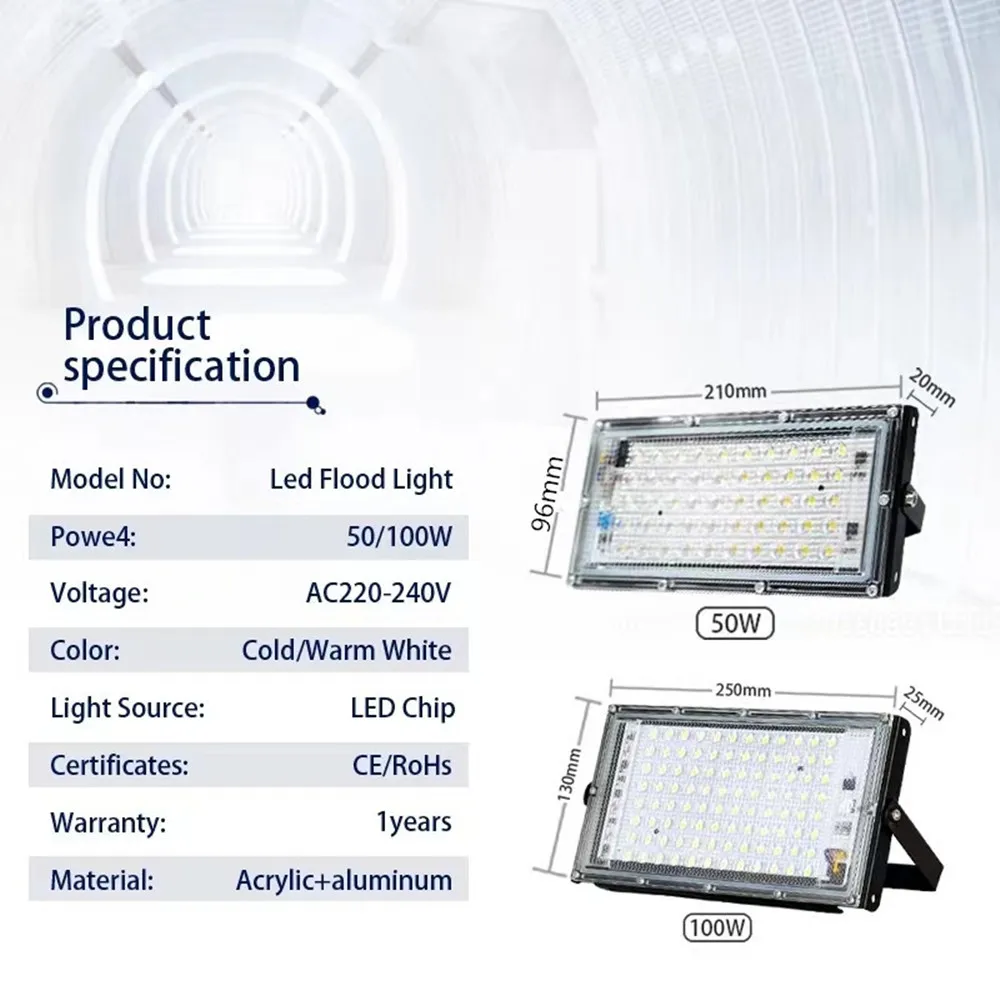 50W 100W LED Floodlight 110V 220V Waterproof Ip65 White/Warm White Lights Ultra Bright Led Outdoor Spotlight for Warehouse 4
