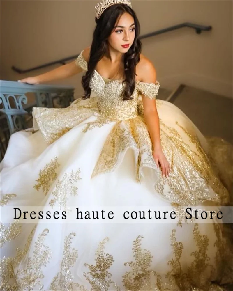 Luxury Gold Pearls Lace Quinceanera Dresses Off Shoulder Ball Gown Corset Birthday Party Dress Vestidos De 15 Quincea&ntilde;era