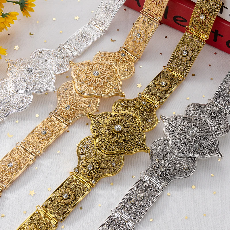 Fatima Luxury Morocco Crystal Wedding Dress Gold And Silver Color Metal Belt Jewelry For Women waist Chain