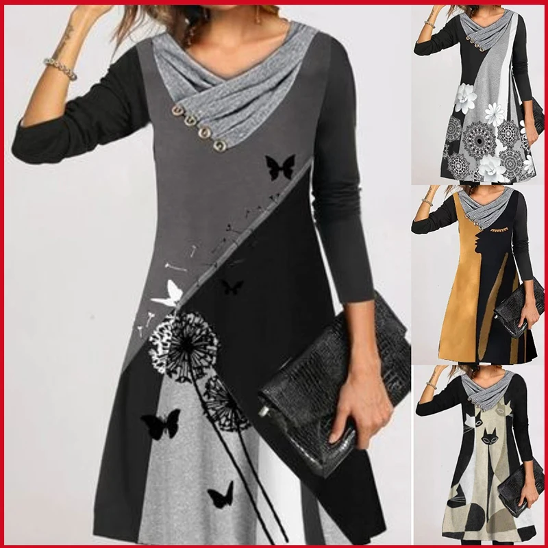 Tanio Wiosna w stylu Vintage motyl nadruk patchworkowy sukienka kobiety