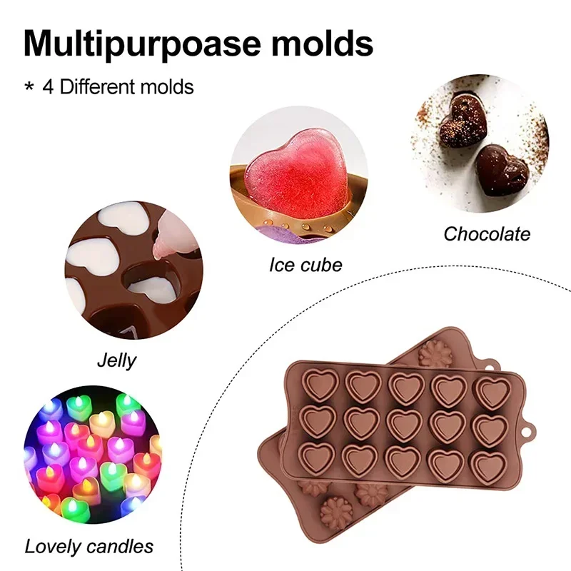 2/4Pcs Chocolate Molds Set Flower Rose Heart Reusable Silicone Candy Ice Cube Jelly Handmade Soap Cake Decoration Baking Mold