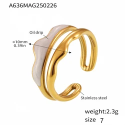 Gold Plated Stainless Steel Blue Enamel Wave Ring - Waterproof Luxury Jewelry - 7 Nonadjustable (Gold White)