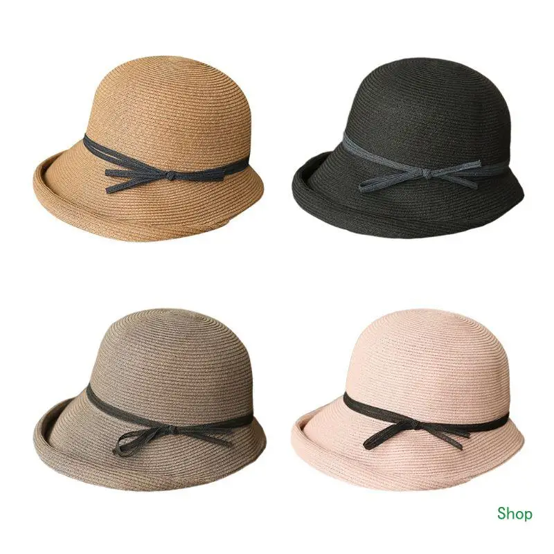 

Dropship Women Hepburn Retro for Sun Hat Contrast Color Bowknot Roll Brim Foldable Bucket