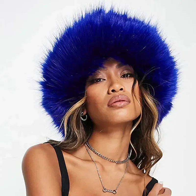 Big Oversized Fluffy Faux Fur Bucket Hats for Women Luxury  display picture 3