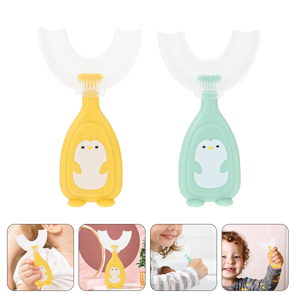 

2 Pcs Children's U-shaped Toothbrush Manual Toothbrushes Cartoon Silicone Cleaning Silica Gel