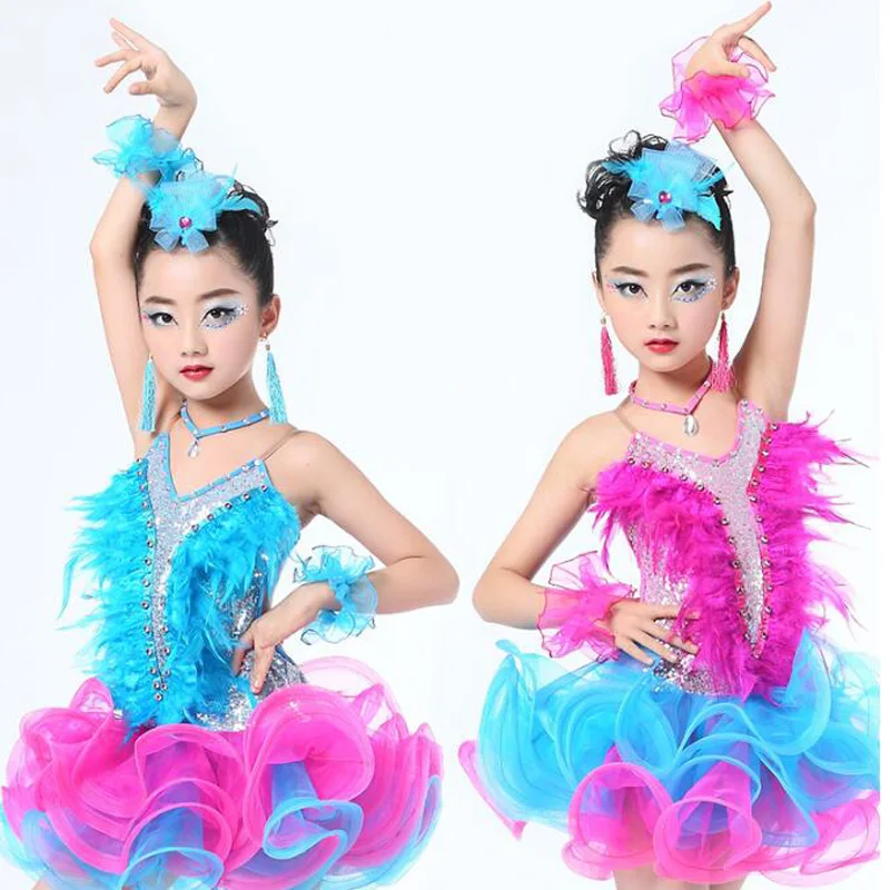 

Dancing Dress Child Dancing tutu dress clothes For Girls Girls Jazz dancewear costume Kids Modern Latin Sequined Ballroom Party