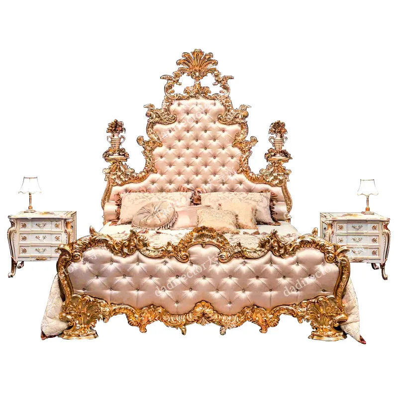 

Gold Foil Wood Carved Princess Fabric Bed Villa European Double Bed Court