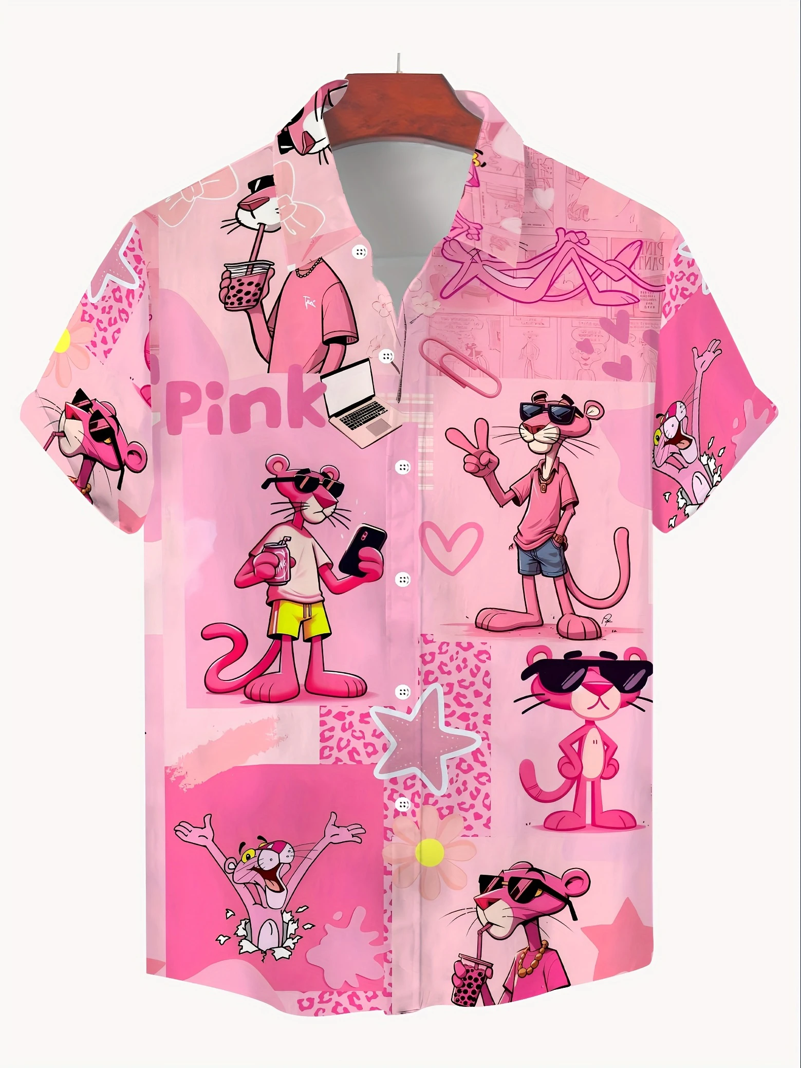 Summer Hawaiian Pink Panther Print Men's Short Sleeved Women's