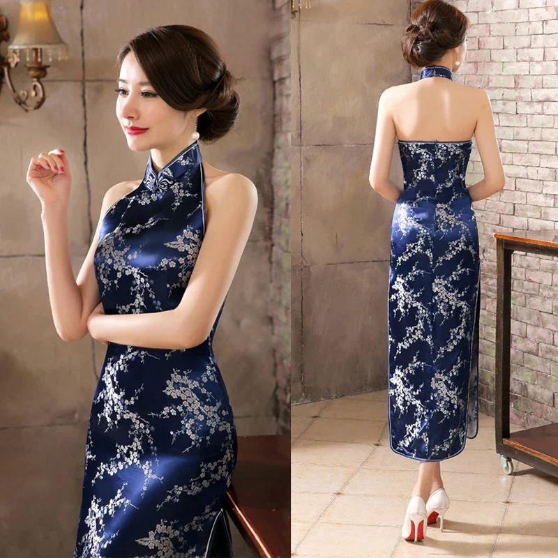 

Navy Blue Vintage Lady Satin Evening Dress Chinese Novelty Backless Cheongsam Qipao Flower Size S M L XL XXL XXXL