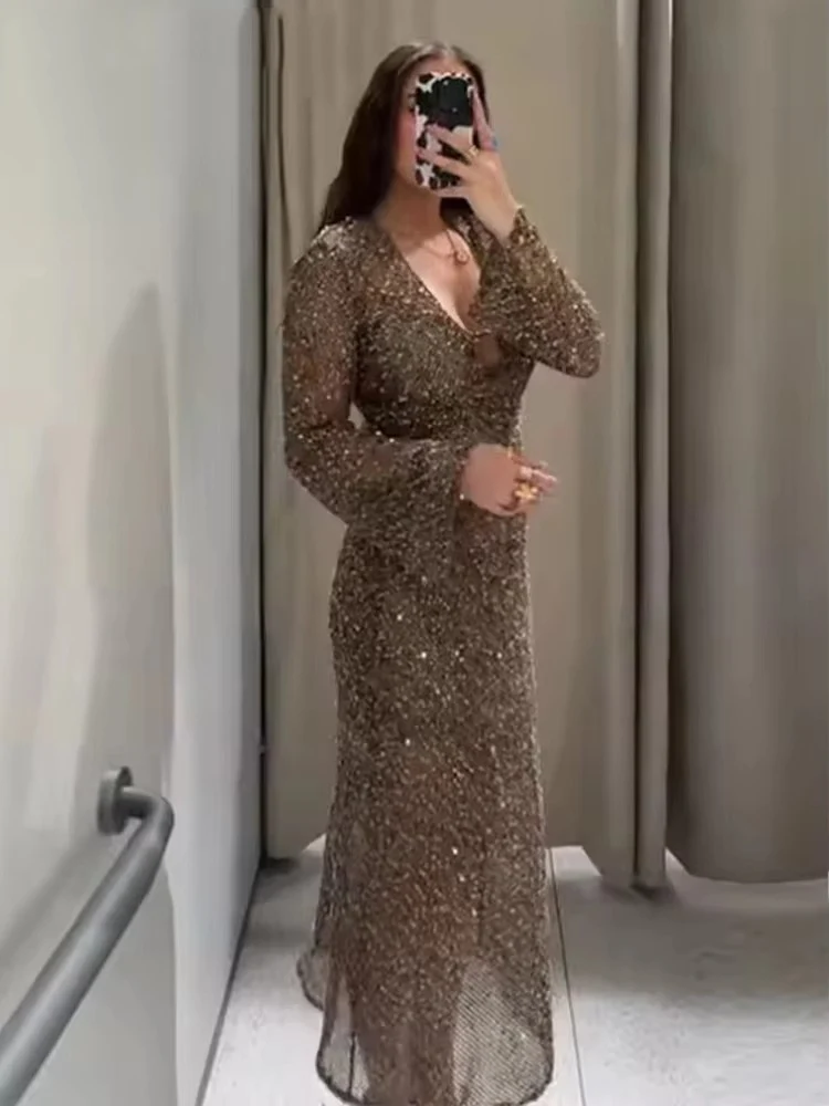 Sexy Sequined Long Pleated Dress Women Deep V-neck Full Sleeve See Through Dresses 2025 Summer Lady Party Evening Dresses ﻿