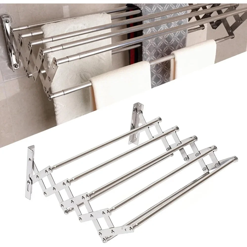 Drying Rack Wall Mounted Stainless Steel Wall Dryer Foldable Drying Rack with 5-Rods Metal Towel for Bathroom