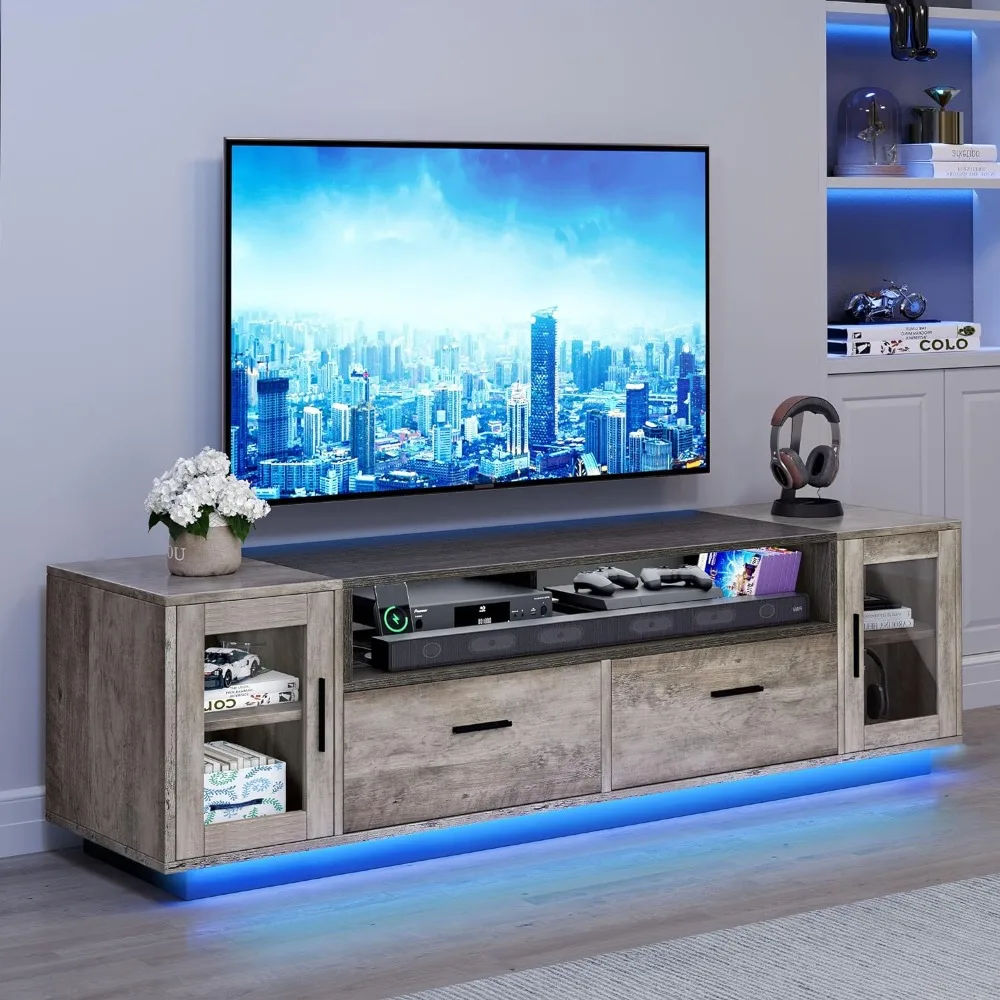 

YITAHOME LED Modern TV Stand for 70+ Inch TV w/Outlets & USB Ports, Entertainment Center w/Glass Doors, 2 Storage Drawers
