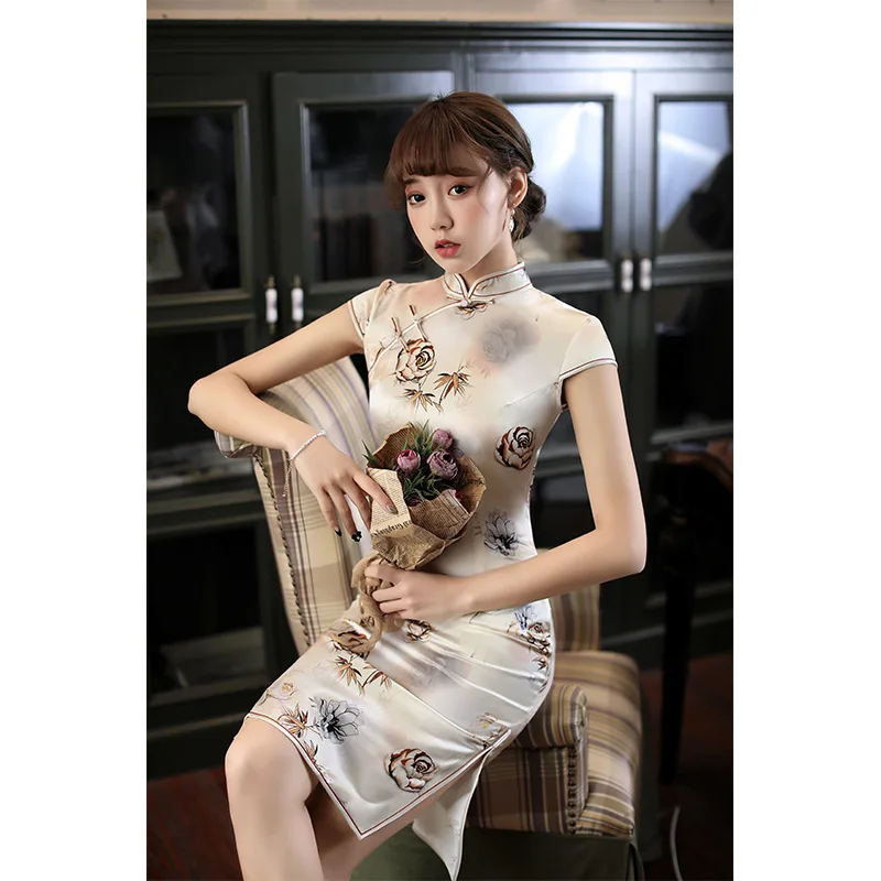 

High Quality Real Silk Qipao Cheongsam Top Skirt Evening Party Old Shanghai Slim-Fitting Bottoming Dress Temperament Artistic