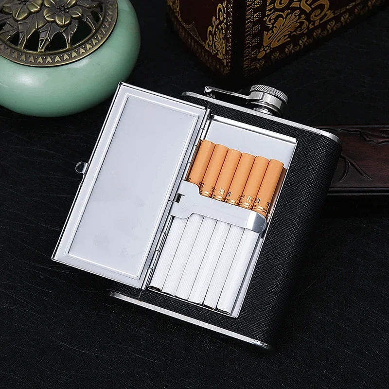 일체형 담배 상자 힙 플라스크, 스테인레스 스틸 알코올 병, 흡연 거치대 포함, 6oz 위스키 와인 병