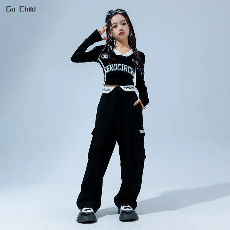 Hip Hop Girls Crop Polo Shirt Cargo Pants Kids Sweatshirt Street Dance Letter Joggers Child Streetwear Clothes Sets Jazz Costume