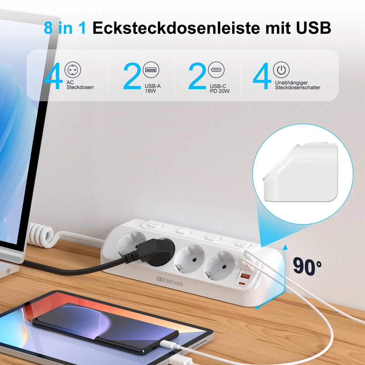 EU Plug Tabletop Power Strip USB Socket with 2 USB 2 Type-C Charge Port 2m Extension Cord 4 AC Outlets 4 Switch for Home Office — view 2