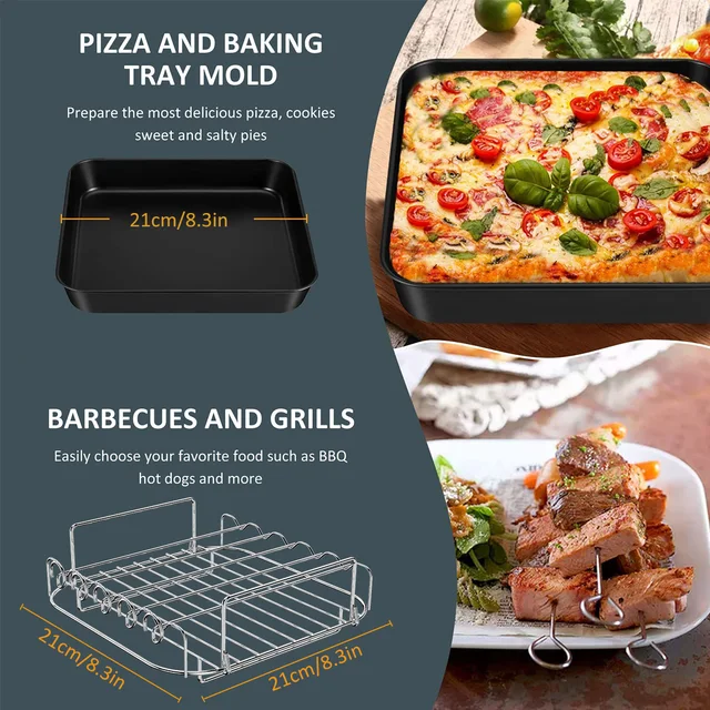 9 Db Air Fryer Tartozékok Négyzet Alakú Lég Sütő Süteményekkel És Pizza Serpenyővel 304 Rozsdamentes Acél Nyársaló Olajkefe - Image 2