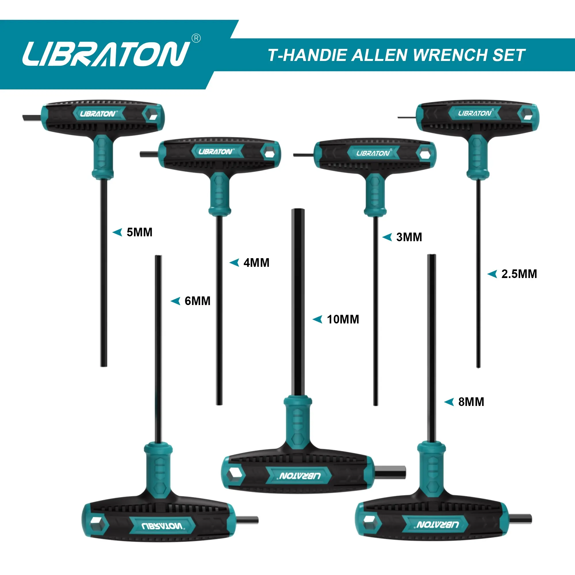 Libraton 7pcs T Handle Allen Wrench Set, T-Handle Hex Key Set Two-End and Chamfered Tips Design 2.5mm-10mm Auto Bike Repair Tool 5