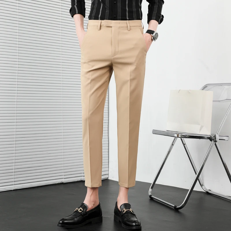 Summer Solid Color Business Casual Pants Men Slim Fit Social Suit Pant Formal Office Ankle Length Trousers Streetwears 36-29 stretch pants business pants suit pants men pants