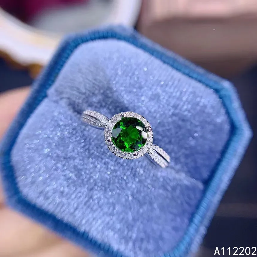 

Vintage Classic Natural Diopside Ring 925 Sterling Silver Inlaid Women's Green Gemstone Ring Round Wedding Engagement Party Gift