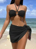 2025 New Three-Piece Bikini Set Sexy Women Dress Solid Halter Swimsuit Hollow Backless Swimwear Tight Push Up Beach Bathing Suit