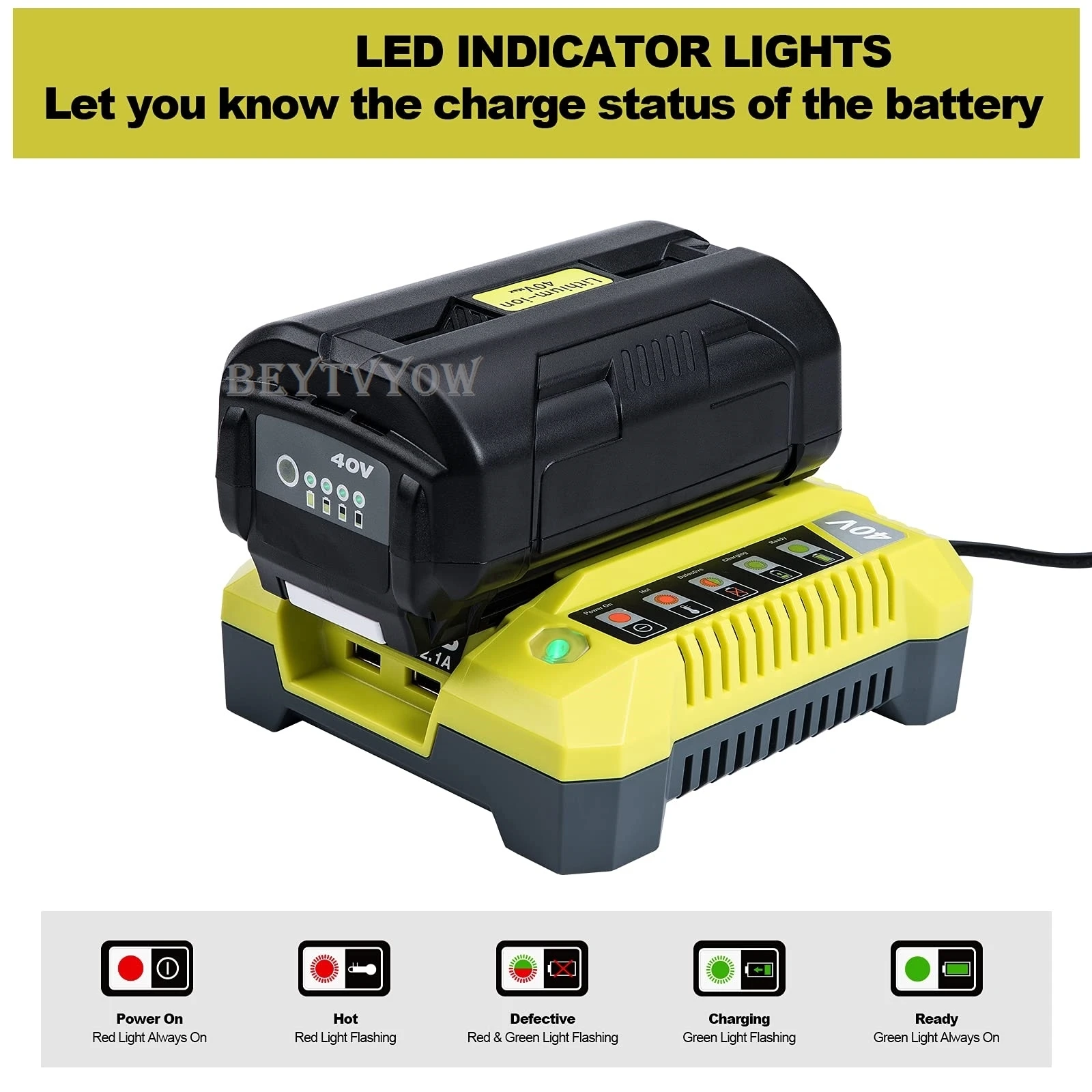 Beytvyow Super Battery Charger for Ryobi 40V Li-ion Battery Rapid Charger Statio