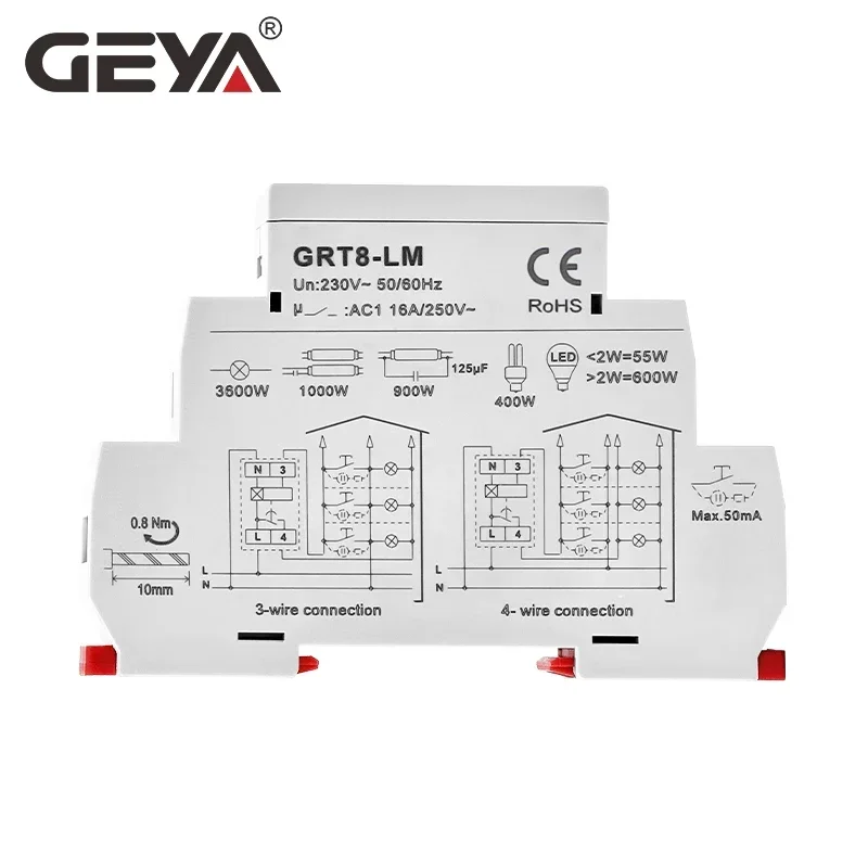 GEYA GRT8-LS/LM Din rail Staircase Timer Switch Corridor Lighting Timer 230VAC 16A 0.5-20mins Delay off Relay Light Switch 5